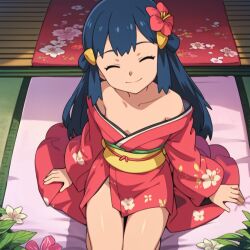  1girl bare_legs bare_shoulders blue_hair closed_eyes closed_mouth creatures_(company) dawn_(pokemon) female_focus from_above game_freak hair_ornament head_tilt japanese_clothes kimono legs_together looking_at_viewer nintendo no_panties off-shoulder_kimono off_shoulder on_floor pokemon sitting_on_cushion smile solo  rating:Questionable score:132 user:serenemisery