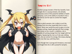 bat_(animal) blonde_hair blush book cape character_profile fangs flat_chest head_wings loli looking_at_viewer lowleg lowleg_panties mon-musu_quest! monster_girl navel open_mouth panties red_eyes solo translated twintails underwear vampire vanilla_(mon-musu_quest!) wings rating:Questionable score:83 user:AmazingAmaya