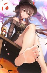 1girl absurdres bare_legs bare_shoulders barefoot black_hat black_nails blurry blurry_background boo_tao_(genshin_impact) brown_dress brown_hair cherry_blossoms crossed_legs dress falling_petals feet female_focus floating_hair flower flower-shaped_pupils foot_focus foot_out_of_frame foreshortening frilled_dress frills from_below genshin_impact grin guoba_(genshin_impact) hair_between_eyes hat hat_flower highres hu_tao_(autumn_pop-up_store)_(genshin_impact) hu_tao_(genshin_impact) long_hair looking_at_viewer nail_polish off-shoulder_dress off_shoulder outdoors petals radoremo red_eyes short_dress sitting smile soles solo symbol-shaped_pupils thighs toenail_polish toenails toes twintails rating:Sensitive score:98 user:danbooru