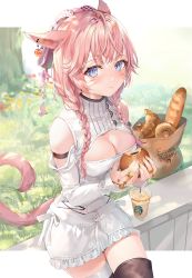  1girl :t animal_ears arm_strap warrior_of_light_(ff14) bag baguette bare_shoulders blue_eyes braid bread breasts brown_thighhighs cat_ears cat_girl cat_tail cleavage cleavage_cutout closed_mouth clothing_cutout croissant cup day disposable_cup doughnut dress facial_mark final_fantasy final_fantasy_xiv food highres holding large_breasts long_hair looking_at_viewer miqo&#039;te momoko_(momopoco) outdoors paper_bag pink_hair pout short_dress shoulder_cutout sitting solo tail thighhighs twin_braids twintails white_dress zettai_ryouiki  rating:Sensitive score:21 user:danbooru