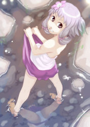 1girl barefoot blouse clothes_lift dress foreshortening from_above full_body hair_ornament highres lifted_by_self looking_at_viewer open_mouth panties pantyshot pantyshot_through_reflection purple_eyes purple_hair reflection shirt short_hair_with_long_locks skirt skirt_lift smile solo soon_(c-u-soon) standing underwear vocaloid wading water white_shirt yuzuki_yukari rating:Sensitive score:22 user:danbooru