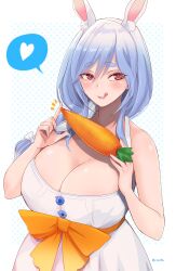  1girl :q absurdres animal_ear_fluff animal_ears blue_hair blush braid braided_ponytail breasts dress food highres hololive kivo large_breasts licking_lips long_hair mature_female multicolored_hair naughty_face pekomama phallic_symbol rabbit_ears rabbit_girl red_eyes sexually_suggestive short_eyebrows solo streaked_hair thick_eyebrows tongue tongue_out virtual_youtuber white_dress white_hair 