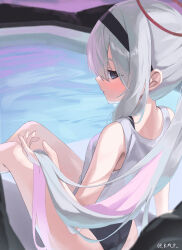  1girl absurdres black_hairband black_one-piece_swimsuit blue_archive breasts closed_mouth feet_out_of_frame grey_eyes grey_hair hairband halo highres kmp_(kenma_pro) long_hair looking_at_viewer one-piece_swimsuit plana_(blue_archive) pool profile red_halo small_breasts solo swimsuit swimsuit_under_clothes twitter_username water 