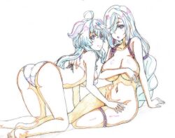 2girls ahoge all_fours ass barefoot bikini blue_hair breasts color_trace covering_privates covering_breasts ganyu_(genshin_impact) genshin_impact goat_horns hair_over_one_eye highres horns kotokoto_(jumon) large_breasts long_hair looking_at_viewer multiple_girls navel nude open_mouth shenhe_(genshin_impact) simple_background sitting smile swimsuit very_long_hair yokozuwari rating:Questionable score:20 user:danbooru