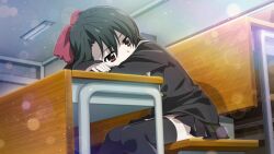  1girl black_hair black_skirt black_thighhighs bow covered_mouth covering_own_mouth crossover desk hair_bow head_on_table highres higurashi_no_naku_koro_ni_mei indoors kiyoura_setsuna looking_to_the_side non-web_source official_art pleated_skirt red_bow red_eyes school_days school_desk school_uniform sitting skirt solo thighhighs watanabe_akio 