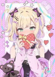  1girl bare_shoulders black_bow black_dress black_gloves black_wings blonde_hair blush bow box breasts commentary_request covered_mouth dress fingerless_gloves gift gift_box gloves green_eyes hair_bow hair_ornament hairclip hands_up heart heart-shaped_box heart_hair_ornament heart_print highres holding holding_gift jacket kurumi_noah long_sleeves looking_at_viewer medium_breasts multicolored_hair nail_polish nose_blush off_shoulder open_clothes open_jacket puffy_long_sleeves puffy_sleeves purple_hair purple_jacket purple_nails purple_outline shirt sleeveless sleeveless_shirt sleeves_past_wrists solo striped_background stuffed_animal stuffed_toy synn032 teddy_bear two-tone_hair two_side_up upper_body virtual_youtuber vspo! white_background white_shirt wings 