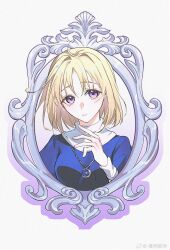  1girl ahoge blonde_hair crescent crescent_necklace eien_galaxy_ko elena_stoddart hair_between_eyes highres jewelry looking_at_viewer necklace parted_bangs picture_frame portrait purple_eyes short_hair simple_background solo upper_body white_background ys ys_iii_wanderers_of_ys 