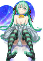 1girl bad_id bad_pixiv_id blush bow bowtie dress elbow_gloves feet gloves green_eyes green_hair hair_ribbon hatsune_miku long_hair matching_hair/eyes no_shoes reflection ribbon sitting solo striped_clothes striped_thighhighs thighhighs tiaworks toes twintails very_long_hair vocaloid rating:Sensitive score:27 user:danbooru