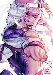  1girl bare_shoulders belt blue_eyes bodysuit breasts calvin_sims dougi halterneck highres hip_vent large_breasts lips looking_at_viewer manon_legrand martial_arts_belt panty_straps pink_hair pink_lips short_hair_with_long_locks sidelocks simple_background solo street_fighter street_fighter_6 wristband 