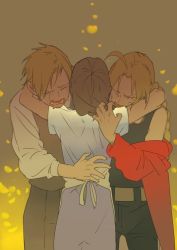 1girl 2boys alphonse_elric apron arms_around_neck belt black_pants blonde_hair braid brothers brown_background brown_hair coat crying dress edward_elric flower from_behind fullmetal_alchemist furrowed_brow gradient_background hands_on_another&#039;s_back hug kulerthanx mother_and_son multiple_boys open_mouth pants petals purple_dress red_coat sad siblings simple_background sobbing tears time_paradox trisha_elric yellow_background yellow_flower  rating:Sensitive score:5 user:danbooru