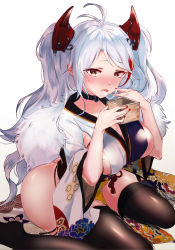  124 1girl ahoge antenna_hair arched_back ass azur_lane black_thighhighs blush breasts brown_eyes choker cleavage cross cum female_focus headgear highres iron_cross japanese_clothes large_breasts long_hair long_twintails mole mole_on_breast no_panties no_pants no_shoes on_ground prinz_eugen_(azur_lane) prinz_eugen_(profusion_of_flowers)_(azur_lane) sideboob silver_hair simple_background sitting solo swept_bangs thighhighs thighs twintails two_side_up very_long_hair wariza white_background 