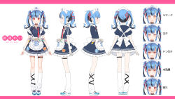  1girl apron arm_cuffs back_bow black_dress black_hair black_nails blue_hair bow character_name character_sheet choker closed_mouth colored_inner_hair dollar_sign dress euro_sign expressions frills hair_ribbon highres indie_virtual_youtuber leg_warmers looking_at_viewer maid maid_apron maid_headdress money multicolored_hair multiple_views nail_polish name_tag necktie nito_wai pin pound_sign red_necktie red_ribbon ribbon shaded_face shoes sneakers standing streaked_hair translation_request twintails virtual_youtuber white_bow white_footwear white_leg_warmers won_sign yen_sign yuuki_hagure 