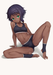  1girl absurdres alice_gear_aegis aomoro arm_support bare_legs bare_shoulders barefoot black_shorts blush breasts closed_mouth collarbone commentary dark-skinned_female dark_skin feet full_body green_eyes highres light_soles looking_at_viewer medium_breasts navel open_clothes shanti_rana short_hair_with_long_locks shorts simple_background sitting solo sports_bra spread_toes stirrup_legwear stomach toeless_legwear toenails toes white_background  rating:Sensitive score:178 user:danbooru