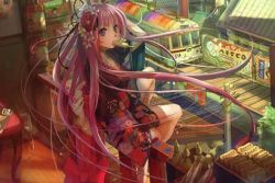  1girl colorful drawing food long_hair lowres pink_hair popsicle sitting train  rating:Sensitive score:1 user:gloggy