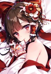 1girl absurdres bare_shoulders bed blush bow breasts brown_hair closed_mouth detached_sleeves earrings floral_print flower frills hair_bow hair_flower hair_ornament hair_tubes hakurei_reimu hands_up heart heart_hair_ornament highres holding jewelry ke-ta long_sleeves looking_at_viewer lying nipples ofuda on_side pillow rabbit_hair_ornament red_bow red_eyes red_flower short_hair small_breasts smile solo touhou upper_body white_flower wide_sleeves rating:Questionable score:24 user:danbooru