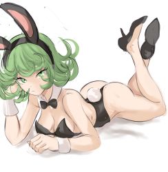 1girl animal_ears ass breasts cleavage detached_collar green_hair hair_ornament high_heels highres leotard mole mole_on_breast one-punch_man playboy_bunny rabbit_hair_ornament rabbit_tail rakeemspoon simple_background small_breasts solo tatsumaki white_background rating:Questionable score:156 user:twilight_jester