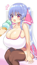  1girl blue_hair blush breasts brown_thighhighs bursting_breasts camisole cleavage feeding food hair_ribbon highres huge_breasts ice_cream ice_cream_cone light_blue_hair long_hair miniskirt open_mouth oppai_loli original pink_skirt red_eyes ribbon riko_(shuz) shuz_(dodidu) sitting skirt solo_focus spaghetti_strap taut_clothes thick_thighs thighhighs thighs twintails very_long_hair white_camisole zettai_ryouiki  rating:Sensitive score:65 user:danbooru