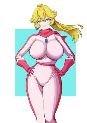  1girl aqua_eyes blonde_hair bodysuit breasts brooch crown curvy floating_hair gloves groin hands_on_own_hips highres jewelry large_breasts lips long_hair looking_at_viewer mario_(series) mario_kart mini_crown nintendo official_alternate_costume pink_bodysuit ponytail princess_peach red_gloves scarf skin_tight solo standing thighs yamamori_kinako 