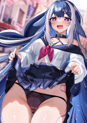  1girl :d bare_shoulders black_panties blue_choker blue_hair blue_skirt blurry blurry_background cameltoe choker cleft_of_venus commentary cowboy_shot english_commentary groin heart heart-shaped_pupils highres indie_virtual_youtuber long_sleeves looking_at_viewer miniskirt multicolored_hair nail_polish off_shoulder open_mouth panties pleated_skirt purple_eyes purple_nails shirt shylily skirt smile solo squchan standing symbol-shaped_pupils thighs underwear virtual_youtuber white_hair white_shirt 