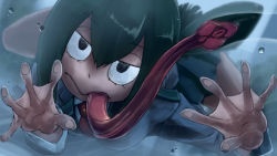 10s 1girl against_glass asui_tsuyu boku_no_hero_academia commentary_request frog_girl kabeu_mariko licking long_hair long_tongue looking_at_viewer necktie school_uniform skirt solo spread_legs tongue tongue_out very_long_tongue webbed_hands rating:Sensitive score:38 user:danbooru