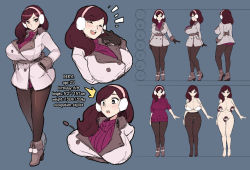 1girl ankle_boots beryl_(junkpuyo) black_eyes blush boots bra breasts brown_hair character_profile character_sheet cleavage coat commentary curvy dress earmuffs full_body gloves hands_in_pockets highres huge_breasts inconvenient_breasts junkpuyo long_hair looking_at_viewer multiple_views nude open_mouth original panties panties_under_pantyhose pantyhose popped_collar ribbed_sweater smile standing stats sweater sweater_dress turtleneck turtleneck_sweater underwear white_bra winter_clothes rating:Questionable score:76 user:danbooru