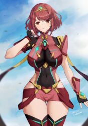  1girl armor breasts cloud cloudy_sky core_crystal_(xenoblade) covered_collarbone covered_navel cowboy_shot drop_earrings earrings fingerless_gloves gloves highres impossible_clothes jewelry large_breasts looking_at_viewer pyra_(xenoblade) red_eyes red_hair red_shorts short_hair short_shorts short_sleeves shorts shoulder_armor sky smile solo swept_bangs thigh_gap thighhighs tiara xenoblade_chronicles_(series) xenoblade_chronicles_2 yamamori_kinako  rating:Sensitive score:16 user:danbooru