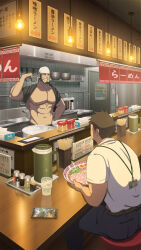 2boys ^_^ abs bandana bara bare_pectorals beard black_hair bowl chair chef closed_eyes clothes_lift cup eating egg_(food) facial_hair flexing food grin highres jug_(bottle) large_pectorals light_bulb male_focus mature_male multiple_boys muscular muscular_male nipples noodle_strainer noodles original oro9 paid_reward_available pectorals ramen restaurant shirt_behind_neck shirt_lift short_hair smile stomach strainer stubble thick_eyebrows tied_sleeves topless_male white_bandana rating:Sensitive score:5 user:danbooru