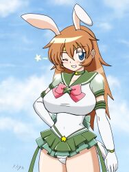  1girl bishoujo_senshi_sailor_moon breasts brown_hair charlotte_e._yeager highres kino_makoto koshimizu_ami large_breasts leotard sailor_jupiter solo strike_witches voice_actor_connection white_leotard world_witches_series 