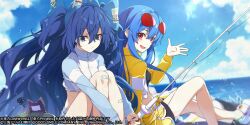  2girls alternate_hairstyle bandaid bandaid_on_leg blue_bow blue_eyes blue_hair blue_sky bow cloud commentary_request copyright_name debt eyewear_on_head fishing_rod game_cg hair_between_eyes hair_bow hinanawi_tenshi hinanawi_tenshi_(eldest_daughter_enjoying_the_beach) holding holding_fishing_rod horizon long_hair looking_at_viewer multiple_girls ocean open_mouth outdoors red-framed_eyewear red_eyes saipaco sky squiggle sunglasses touhou touhou_lostword two_side_up very_long_hair white_footwear yorigami_shion yorigami_shion_(gone_god_fishing) 