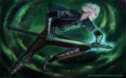  1boy armor glowing green_eyes highres male_focus mirage_noir solo sword tagme vesper_(mirage_noir) weapon white_hair wind 