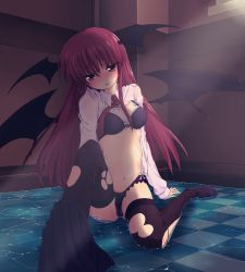 1girl bat_wings bra cameltoe clothes_pull embodiment_of_scarlet_devil female_focus head_wings highres koakuma lingerie long_hair mowan necktie open_clothes open_shirt panties red_eyes red_hair shirt skirt skirt_pull solo submerged thighhighs torn_clothes torn_thighhighs touhou underwear wading water wet wet_clothes wings rating:Questionable score:16 user:danbooru
