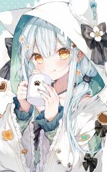  1girl absurdres butterfly_hair_ornament cup ear_ornament flower flower_knot green_hair hair_flower hair_ornament highres holding holding_cup hood hoodie knot long_hair naughty_face noyu_(noyu23386566) original tongue tongue_out white_background yellow_eyes 