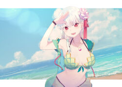  1girl absurdres armlet bare_shoulders beach bikini blush bracelet braid braided_ponytail breasts cleavage collarbone daisi_gi earrings fate/grand_order fate_(series) flower frills green_bikini green_vest hair_flower hair_ornament hair_ribbon highres hood hooded_vest hoodie jewelry kama_(fate) kama_(swimsuit_avenger)_(fate) kama_(swimsuit_avenger)_(second_ascension)_(fate) large_breasts long_hair looking_at_viewer lotus navel necklace open_mouth pendant red_eyes ribbon smile solo swimsuit vest white_hair 