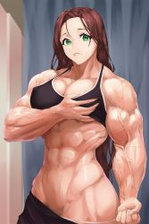  1girl abs grabbing_another&#039;s_breast brown_hair charcoalaaa clothes_pull extreme_muscles grabbing green_eyes highres hip_focus looking_at_viewer mouth_hold muscular muscular_female pants pants_pull smile teeth_hold veins veiny_stomach  rating:Explicit score:26 user:rhez12
