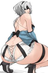  ass asymmetrical_clothes back blindfold breasts butt_crack cafekun cosplay curvy from_behind from_below headband high_heels highres hip_focus huge_ass kaine_(nier)_(cosplay) medium_breasts medium_hair mole mole_under_mouth nier_(series) nier:automata short_hair silver_hair simple_background solo squatting thick_thighs thighs white_background wide_hips 2b_(nier:automata)  rating:Questionable score:99 user:DarkToonLink