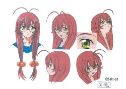 1girl absurdres brown_hair character_sheet female_focus full_body glasses green_eyes highres ikkitousen ikkitousen_great_guardians long_hair looking_at_viewer multiple_views official_art open_mouth panties ryuubi_gentoku school_uniform smile solo underwear upper_body very_long_hair white_background wide_hips