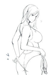  1girl adjusting_clothes adjusting_swimsuit ass bad_id bad_pixiv_id blush breasts curvy from_behind greyscale large_breasts looking_back mature_female monochrome one-piece_swimsuit original sketch solo swimsuit xxkuroxx 