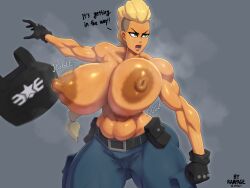  1girl absurdres belt blonde_hair blue_eyes braid breasts curvy denim estel_aguirre fighting_stance gigantic_breasts gloves gluteal_fold highres huge_breasts huge_nipples jeans jiggle large_areolae lips long_hair muscular muscular_female navel open_mouth pants puffy_areolae puffy_nipples rampage_(leedash2) simple_background solo standing steam streets_of_rage streets_of_rage_4 sweat thick_thighs thighs topless wide_hips 