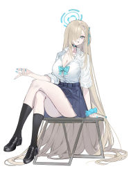  1girl absurdly_long_hair absurdres asuna_(blue_archive) bangs black_socks blue_archive blue_bow blue_bowtie blue_eyes bow bowtie breasts cleavage crossed_legs echj full_body hair_over_one_eye hair_ribbon halo highres large_breasts light_brown_hair loafers long_hair miniskirt nail_polish partially_unbuttoned pleated_skirt ribbon scrunchie shirt shoes sitting skirt socks swept_bangs very_long_hair white_background white_shirt wrist_scrunchie 
