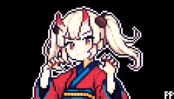  &gt;:) 1girl 2024 black_background blonde_eyebrows blonde_hair claw_pose female_focus highres horns japanese_(nationality) japanese_clothes kimono multicolored_clothes multicolored_eyes nail_polish oni oni_horn outline pixel_art pp_(_ppinha) red_kimono red_nails signature smug solo strawberry_blonde twintails white_outline  rating:General score:1 user:_ppinha