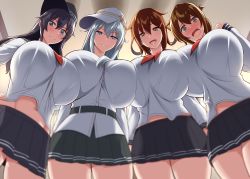 4girls aged_up akatsuki_(kancolle) alternate_breast_size belt black_hair blue_eyes blush breast_press breasts brown_eyes brown_hair commentary_request eyelashes female_focus folded_ponytail gigantic_breasts grey_hair growth half-closed_eyes hammer_and_sickle hand_on_own_hip hat hibiki_(kancolle) huge_breasts ikazuchi_(kancolle) inazuma_(kancolle) kantai_collection kloah light long_hair looking_at_viewer looking_down midriff miniskirt multiple_girls navel nose open_mouth panties purple_eyes red_tie school_uniform shadow shiny_clothes shirt skirt smile star_(symbol) taut_clothes taut_shirt tongue underwear verniy_(kancolle) white_panties you_gonna_get_raped rating:Questionable score:227 user:danbooru