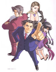 &gt;:) 2boys 2girls :d absurdres ace_attorney age_difference arm_up arms_behind_back ascot black_eyes black_footwear black_hair blunt_bangs bow bracelet breasts business_suit bustier buttons capcom cleavage closed_mouth collared_shirt crossed_arms earrings edaki_shin&#039;ya eyes_visible_through_hair feet formal from_above grey_hair hair_ornament hand_on_own_hip happy high_heels highres jewelry kneepits large_breasts leaning_forward legs_apart light_smile lips lipstick loafers long_hair long_sleeves looking_at_viewer looking_back looking_up low-tied_long_hair magatama makeup maya_fey mia_fey miles_edgeworth mole mole_under_mouth multiple_boys multiple_girls navel necklace necktie official_art open_mouth parted_bangs phoenix_wright phoenix_wright:_ace_attorney platform_footwear pointing pointing_at_viewer pointing_up profile sandals scan scarf serious shirt shoes short_hair siblings sidelocks sisters smile smirk spiked_hair standing stud_earrings suit topknot unbuttoned v-shaped_eyebrows very_long_hair rating:Sensitive score:9 user:danbooru