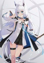  1girl absurdres animal_ears arm_up black_bra black_choker black_dress blush boots bra braid choker collarbone commentary_request dog_tags dress fox_ears fox_girl fox_tail green_eyes grey_background hair_between_eyes highres holding holding_sword holding_weapon hololive jacket katana leg_up light_particles long_hair looking_at_viewer lr_(last_remote_514) open_clothes open_jacket open_mouth shirakami_fubuki shirakami_fubuki_(fubukitek) shirt single_braid solo sword tail thigh_strap underwear virtual_youtuber weapon white_hair white_jacket white_shirt  rating:Sensitive score:9 user:danbooru