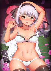 1girl absurdres animal_print armpits bed_sheet black_bow black_bowtie black_hairband blush bob_cut bow bow_panties bowtie bra breasts breasts_apart cat_print clothing_aside collarbone commentary_request condom condom_wrapper eyelashes green_eyes green_skirt hairband highres konpaku_youmu lying moyashi_baasuto navel on_back open_mouth panties pillow pleated_skirt shiny_skin short_hair skirt small_breasts solo stomach sweat thighhighs thighs tongue touhou underwear underwear_only white_bra white_panties rating:Questionable score:17 user:danbooru