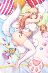 1girl animal_hands ass babydoll bed_sheet bindong blonde_hair blush breasts candy cat_cutout cat_lingerie cat_paws cleavage cleavage_cutout closers clothing_cutout doll food gloves green_eyes heart heart-shaped_pillow highres large_breasts long_hair looking_at_viewer lying meme_attire on_side paw_cutout paw_gloves pillow solo soma_(closers) tail thighhighs toeless_legwear white_thighhighs rating:Sensitive score:49 user:danbooru