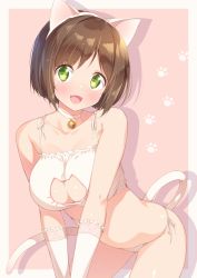 1girl :d animal_ears bare_shoulders bell blush bra breasts brown_hair cat_cutout cat_ears cat_lingerie cat_tail choker cleavage cleavage_cutout clothing_cutout collarbone cowboy_shot drop_shadow fake_animal_ears fang frills gloves green_eyes hairband head_tilt highres idolmaster idolmaster_cinderella_girls jingle_bell kazuma_(kazumav) leaning_forward looking_at_viewer maekawa_miku medium_breasts meme_attire open_mouth panties paw_print paw_print_background pink_background short_hair side-tie_panties smile solo standing stomach tail two-tone_background underwear v_arms white_background white_bra white_choker white_gloves white_panties rating:Sensitive score:47 user:danbooru