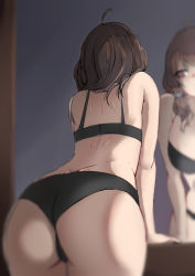 1girl absurdres ahoge arm_support ass ass_focus back bad_id bad_pixiv_id bare_arms bare_back bare_shoulders black_bra black_panties blurry bra breasts brown_hair butt_crack commentary_request depth_of_field girls&#039;_frontline hair_over_shoulder helianthus_(girls&#039;_frontline) highres korean_commentary large_breasts leaning_forward long_hair mirror neoguri panties purple_eyes reflection solo underwear underwear_only rating:Questionable score:27 user:danbooru