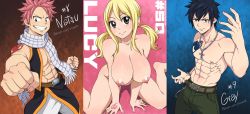  1girl 2boys abs black_eyes black_hair blonde_hair bracelet breasts brown_eyes chain_necklace character_name cleavage clenched_hand clenched_teeth closed_mouth clothed_male_nude_female collage collar cross fairy_tail fighting_stance gray_fullbuster groin hand_up highres ichan ichan-desu jewelry large_breasts long_hair looking_at_viewer lucy_heartfilia multiple_boys muscular natsu_dragneel necklace nipples nude patreon_username pectorals pink_hair sharp_teeth shiny_skin short_hair simple_background sitting skirt smile spiked_hair standing tattoo teeth twintails  rating:Questionable score:19 user:dmnx