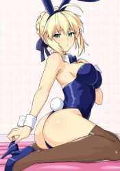 1girl ahoge air_mattress animal_ears artoria_pendragon_(all) artoria_pendragon_(fate) ass bare_shoulders bathroom blonde_hair blue_bow blue_bowtie blue_footwear blue_hairband blue_leotard blue_ribbon blush bow bowtie breasts brown_thighhighs cleavage detached_collar dress fake_animal_ears fake_tail fate/grand_order fate_(series) from_side green_eyes hair_ribbon hairband hand_on_own_chest haruhisky high_heels highres huge_ass large_breasts leotard looking_at_viewer looking_to_the_side medium_breasts playboy_bunny rabbit_ears rabbit_tail ribbon saber_(fate) simple_background sitting soapland solo tail thighhighs thong thong_leotard tile_wall tiles white_background white_wrist_cuffs wrist_cuffs