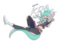  1girl absurdres arms_behind_back belt black_pantyhose chameleon_girl chameleon_tail clothes_writing cocomayo29_(tomato) commentary_request full_body green_hair highres hood hood_down hoodie k/da_neeko korean_text league_of_legends long_sleeves midriff neeko_(league_of_legends) official_alternate_costume open_mouth pantyhose simple_background solo tail thigh_belt thigh_strap tongue tongue_out torn_clothes translation_request white_background white_footwear yellow_eyes 